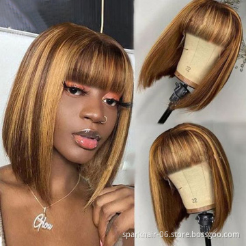 Dropshipping P4/27 Highlight Short Bob Wig With Bangs Non-Lace Virgin Human Hair For Black Women Curly 613 Blonde Bob Wigs